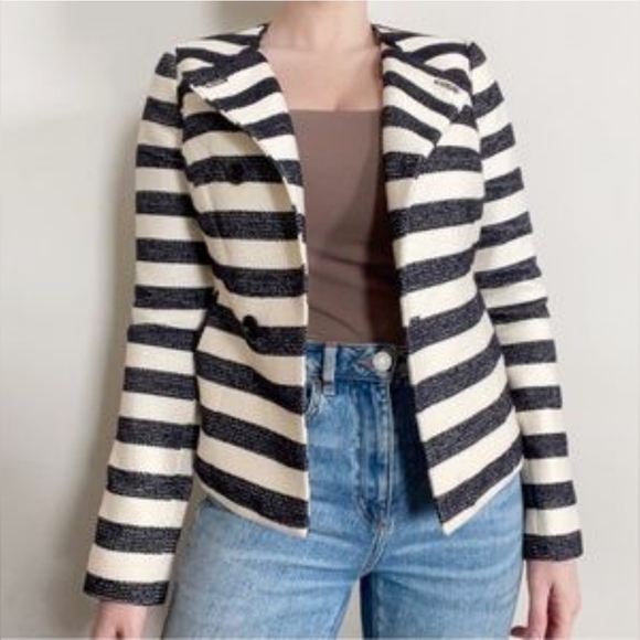 The Limited Navy And Cream Stripe Jacket / Blazer Size Small Tweed Cotton - Picture 2 of 8